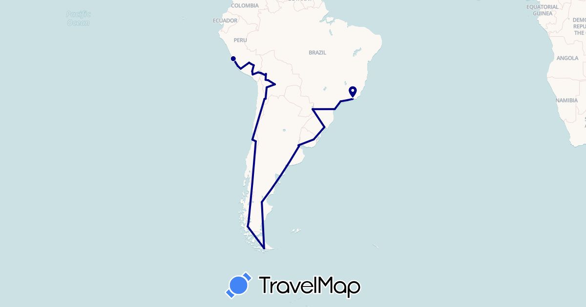 TravelMap itinerary: driving in Argentina, Bolivia, Brazil, Chile, Peru, Uruguay (South America)